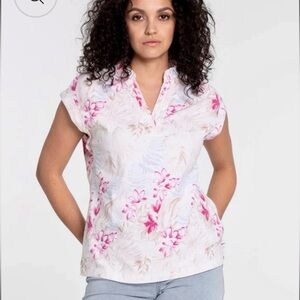 Lois Linen Blend Floral V-Neck Sleeveless Top in Pink and Cream